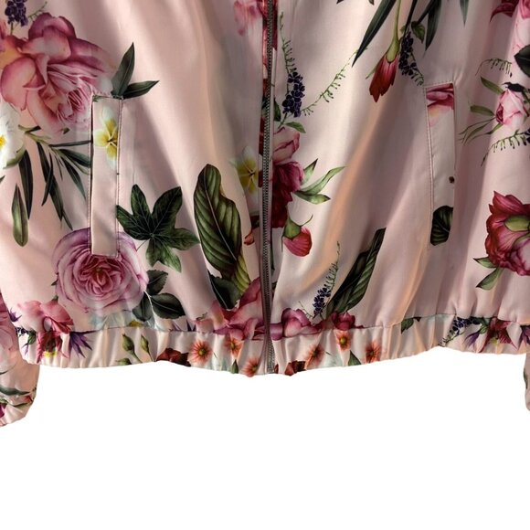 Charlie B Floral Bomber Jacket Pink With Zipper Front & Elastic Hem Lightweight - Picture 12 of 16